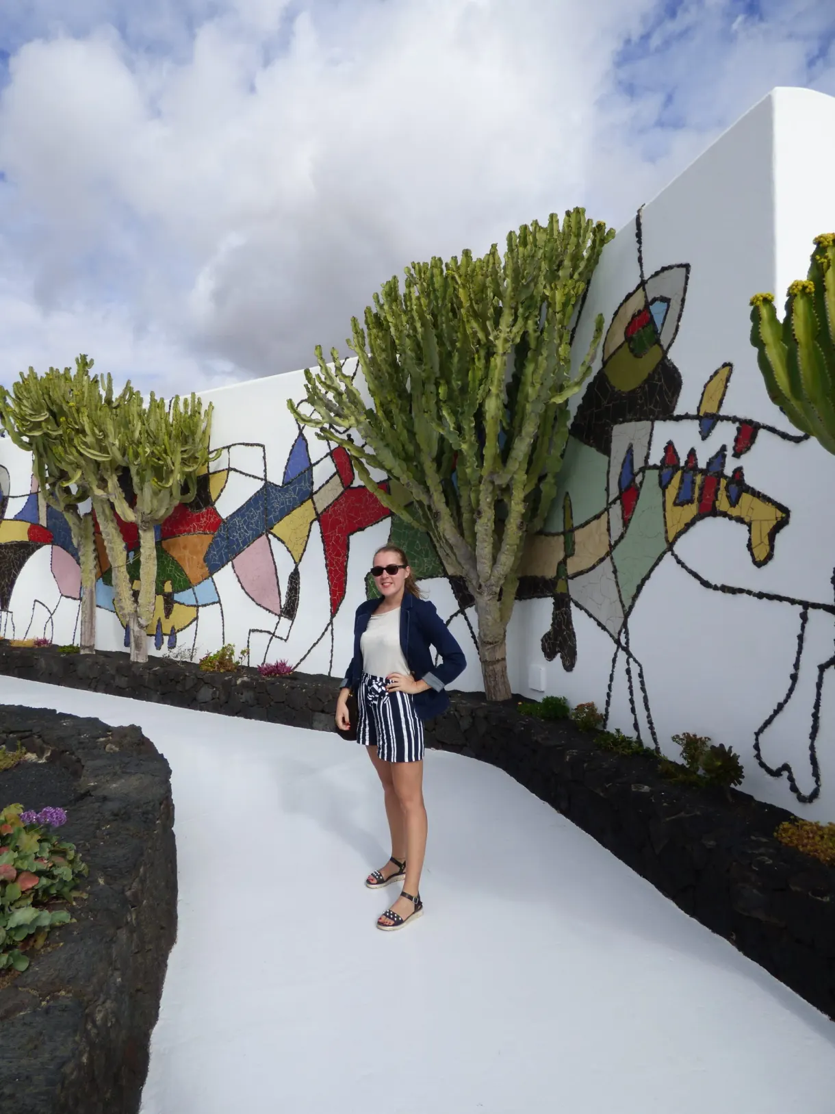 Visitor in front of a colourful mural surrounded by cacti