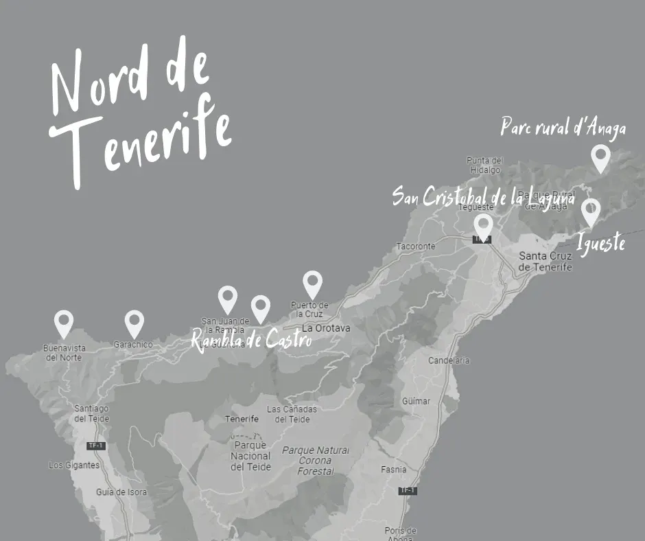 Carte du nord de Tenerife et de ses points d'intérêt