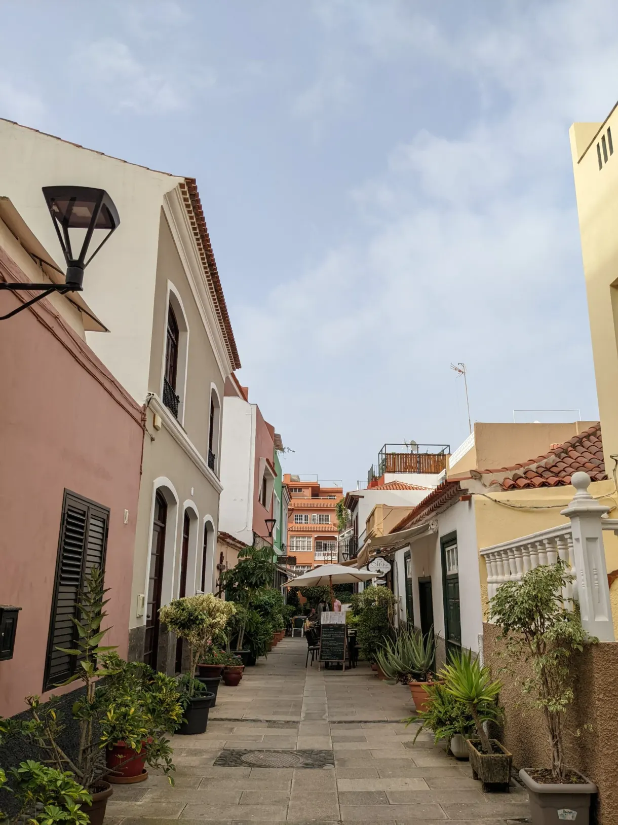 Rue piétonne aux maisons pastel et aux plantes en pots