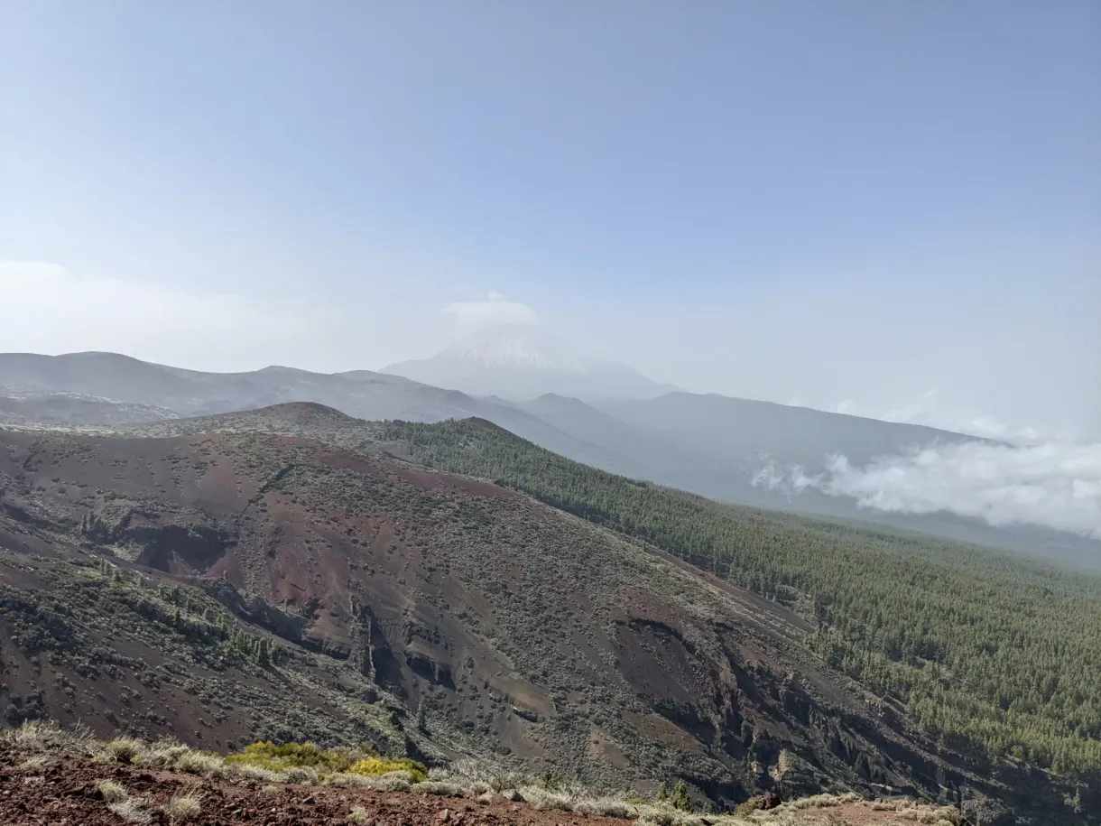 Reddish ridge and forest drowned in the heat haze