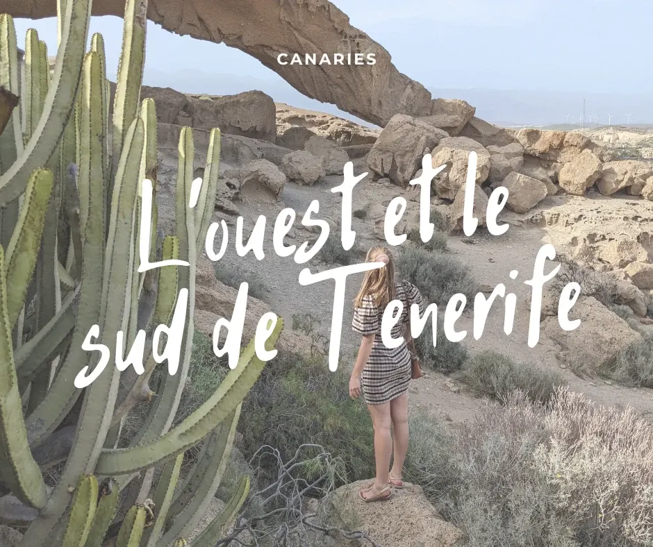 Femme sous l'arche rocheuse entre les cactus, titre ouest et sud de Tenerife