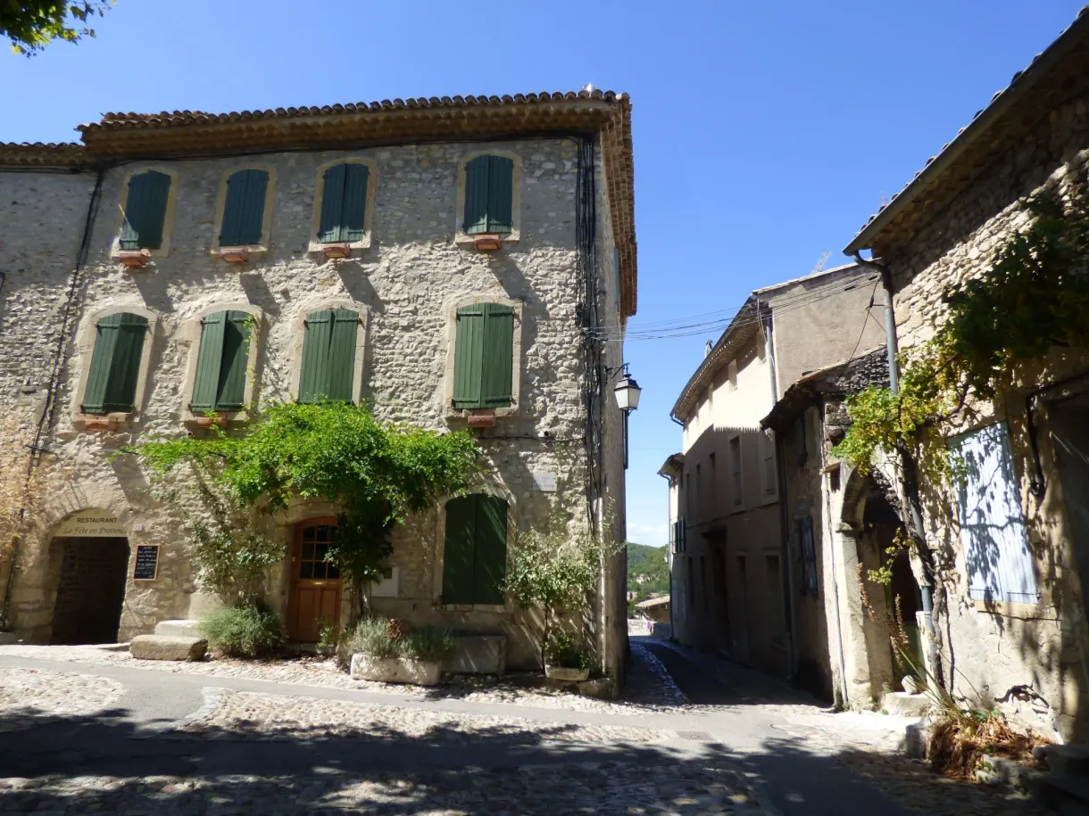 Old house with green shutters clad in climbing vine