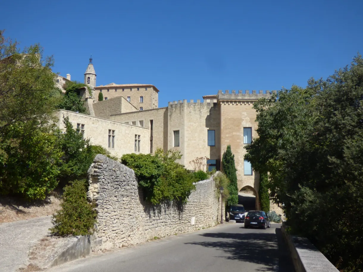 Road climbing towards the castle between low walls and foliage