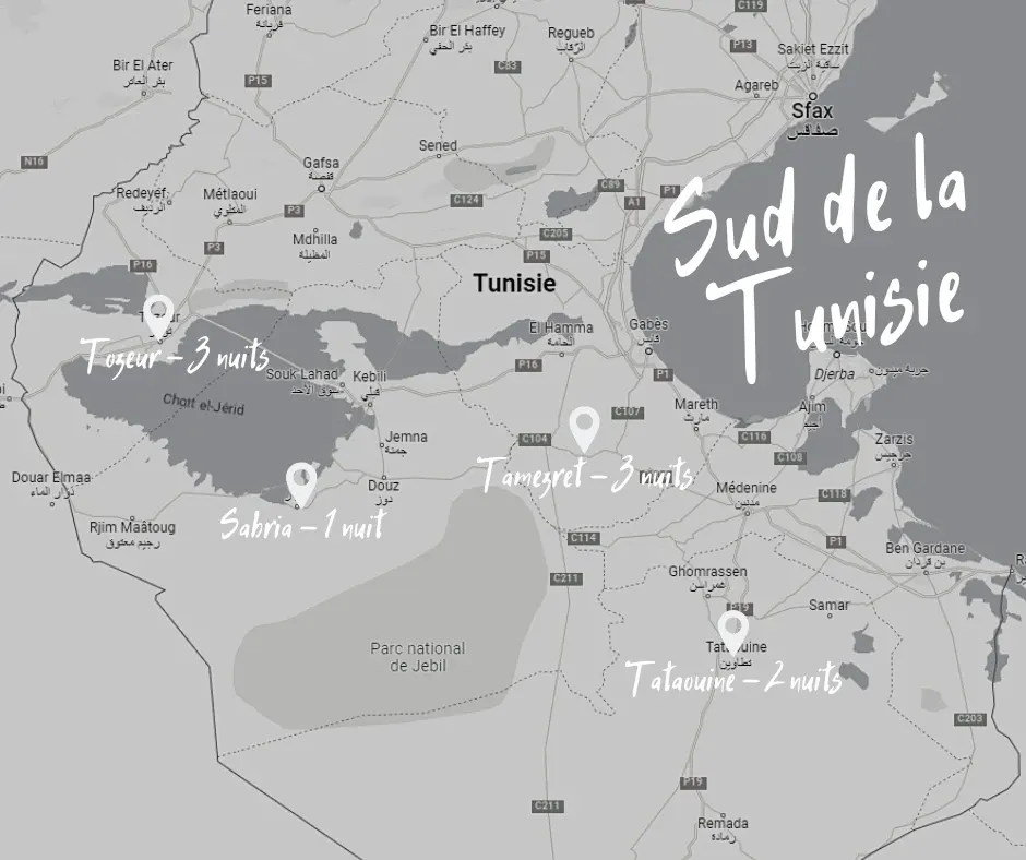 Carte de notre roadtrip de 10 jours dans le sud de la Tunisie : Tamezret, Tataouine, Sabria et Tozeur