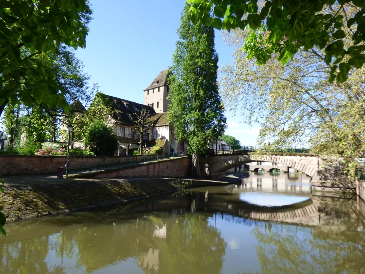 Low footbridge and medieval tower glimpsed through the trees