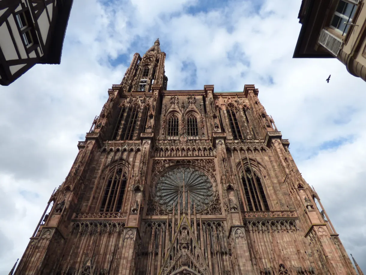 Dizzying upward view of the cathedral's single spire