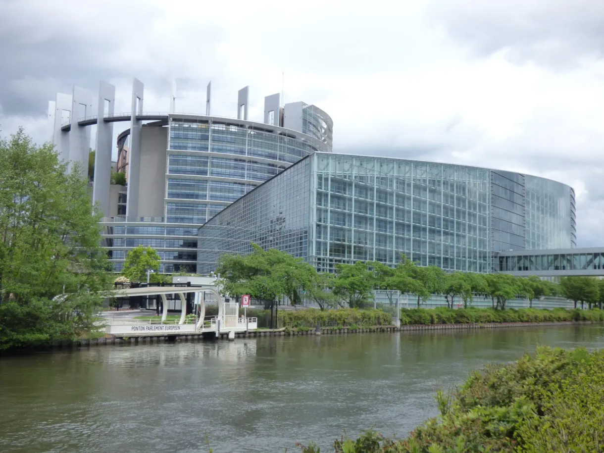 European Parliament and its round tower at the water's edge