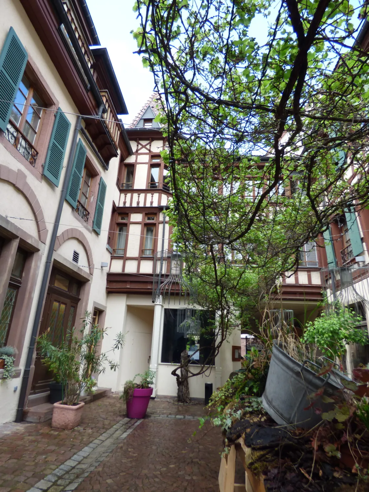 Small flower-filled cobbled courtyard behind the old houses