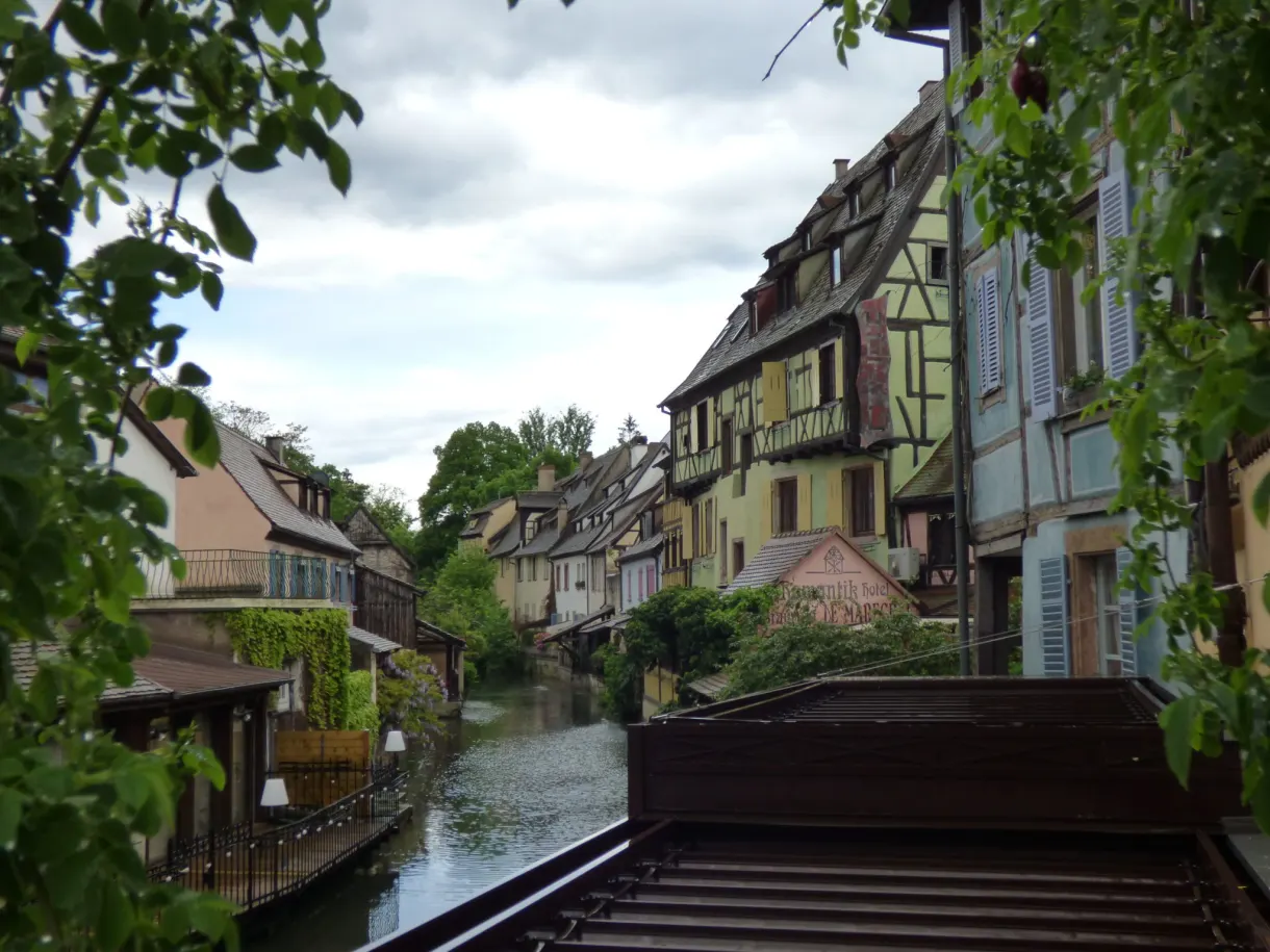 Canal glimpsed through the branches, terraces at the water's edge