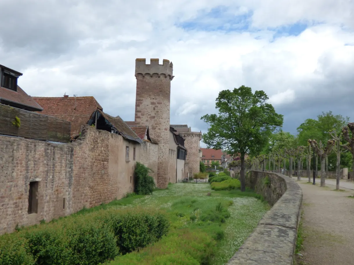 Square tower and curtain wall running along the old moat