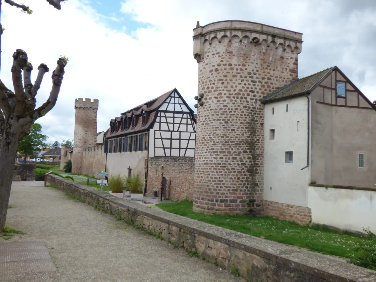 Stone corner tower beside the ramparts path
