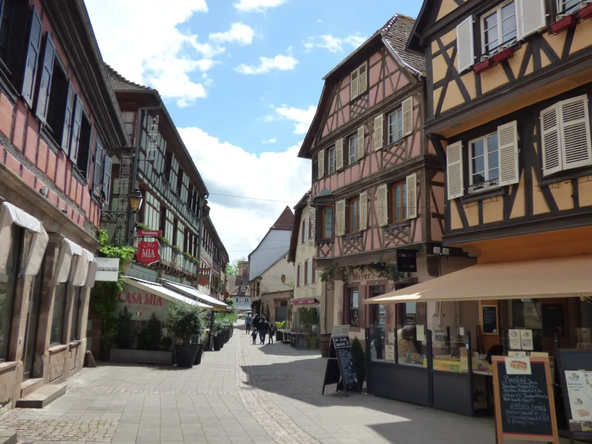 Shopping street lined with half-timbered houses and hanging signs