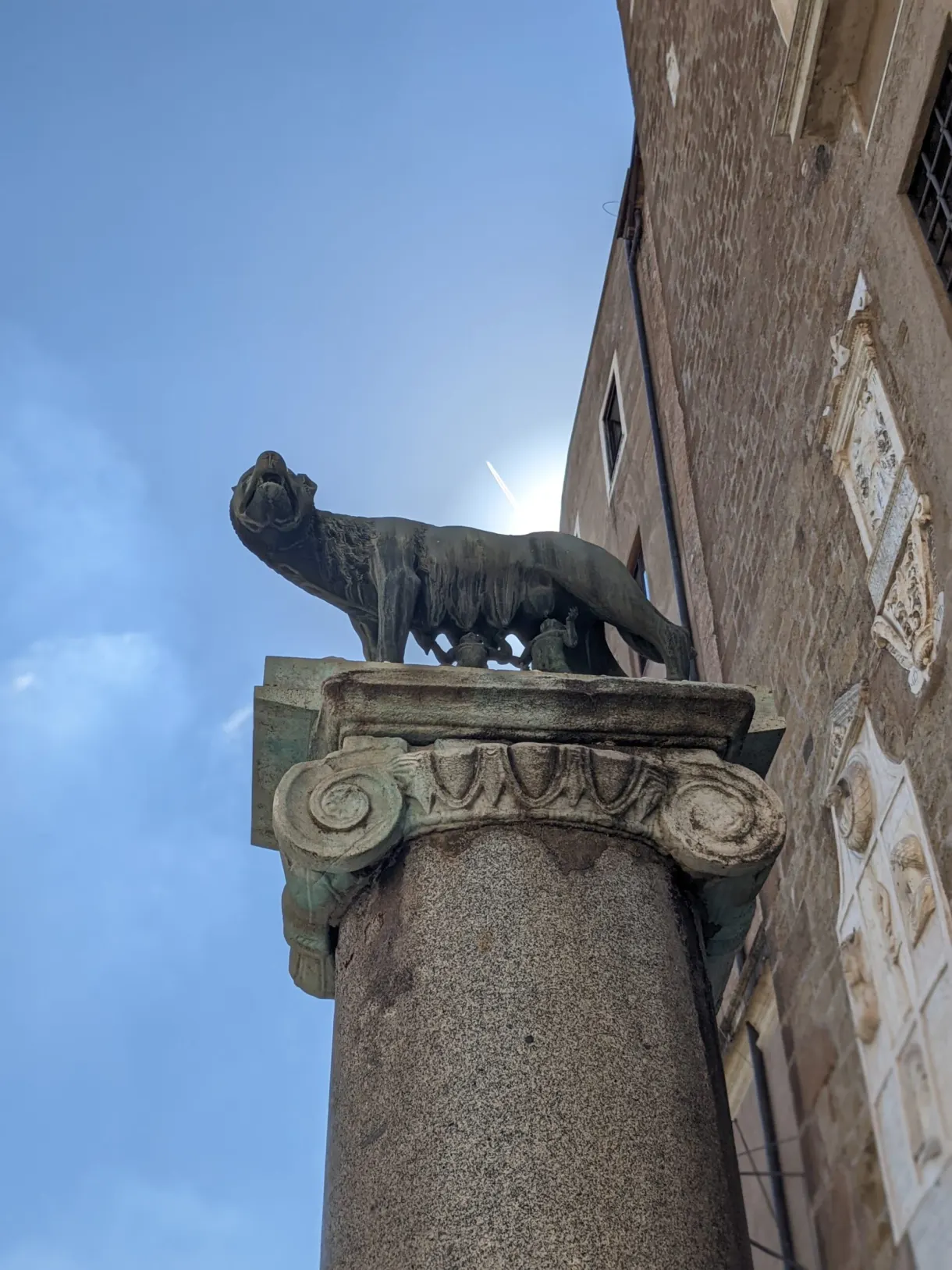 Louve de bronze allaitant les jumeaux au sommet d'une colonne