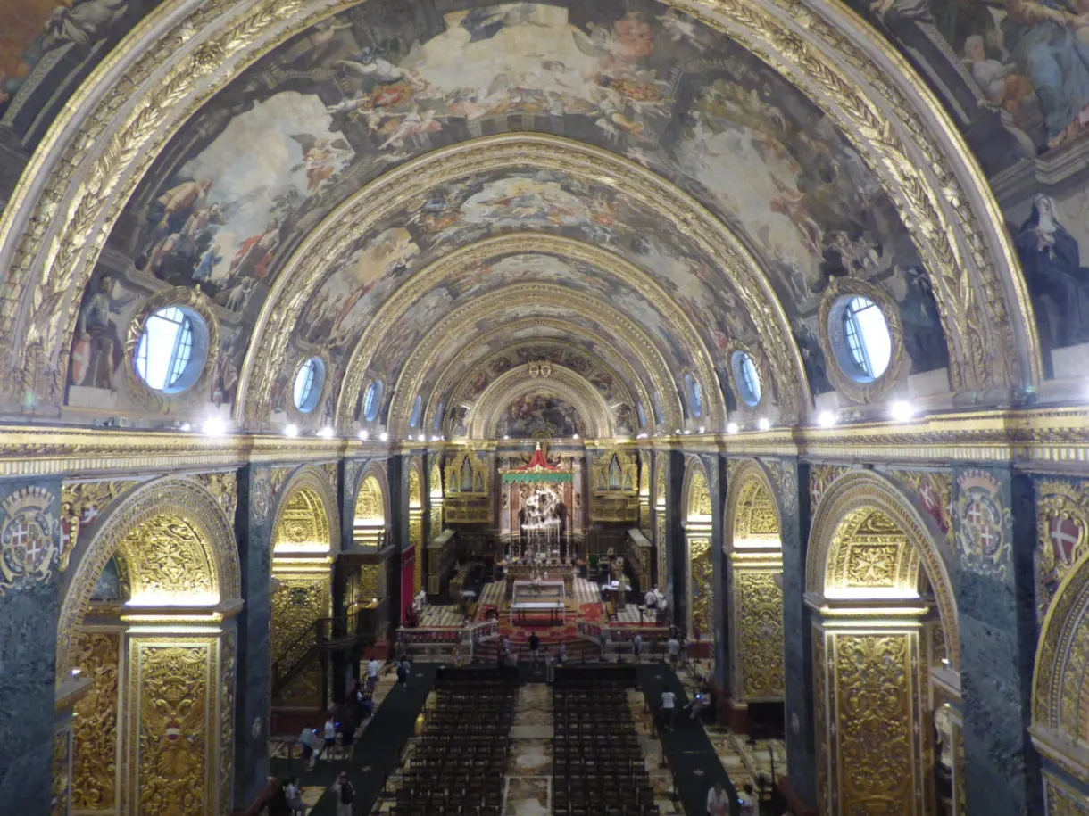 Nave seen from above, painted vault and funerary slabs