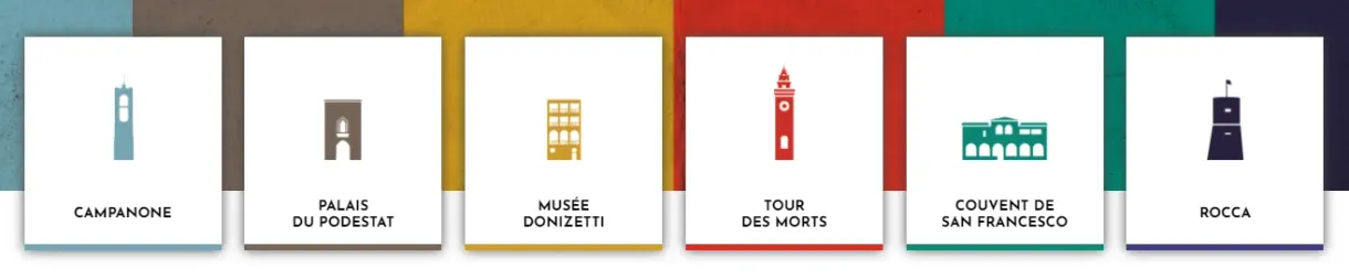 Six colourful pictograms of the monuments to visit