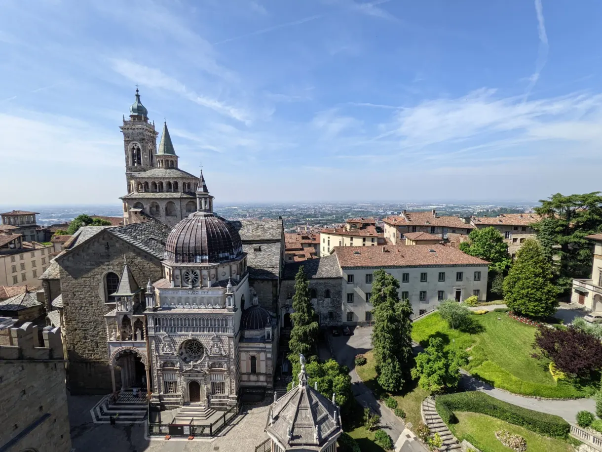 Domes and carved marble facade seen from above