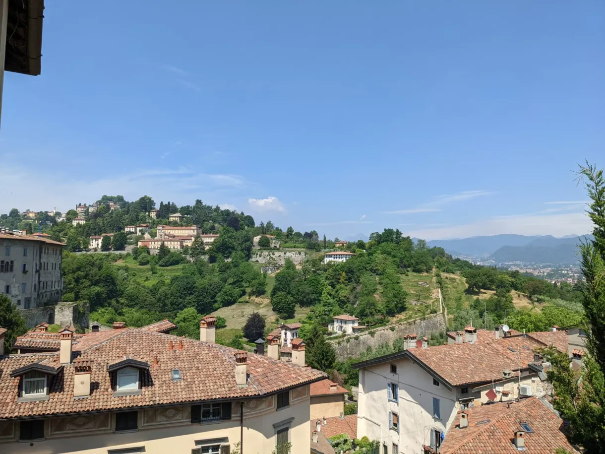 Wooded hills and scattered houses seen from above