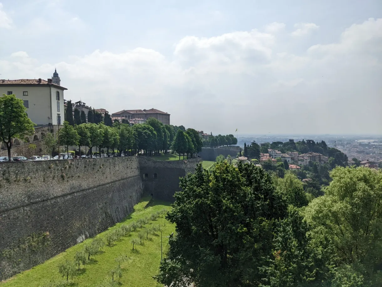 Venetian ramparts overlooking a grassed moat