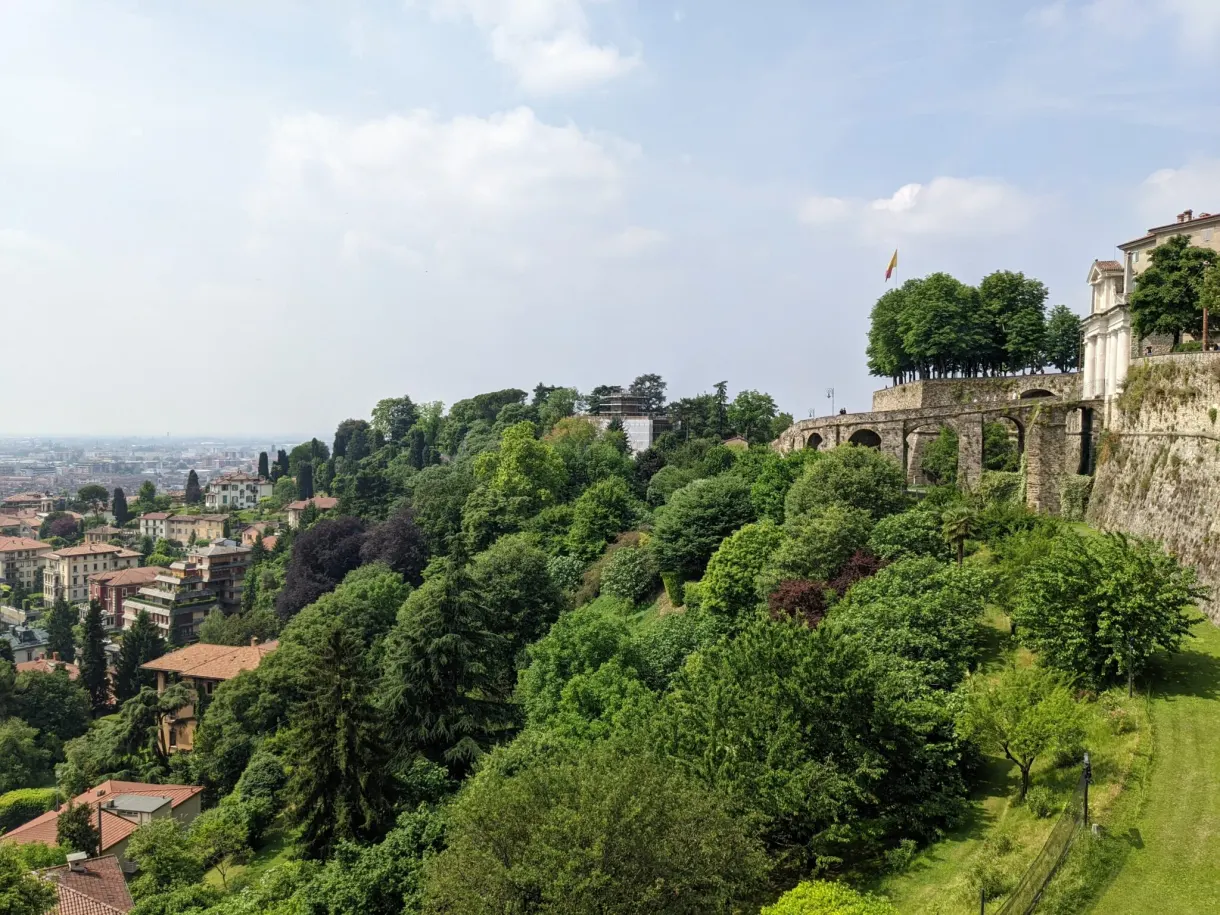 Dense vegetation at the foot of the walls, plain in the distance