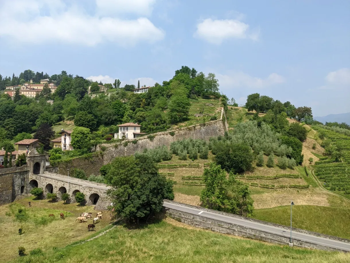 Cultivated hill and arched viaduct at the foot of the fortifications