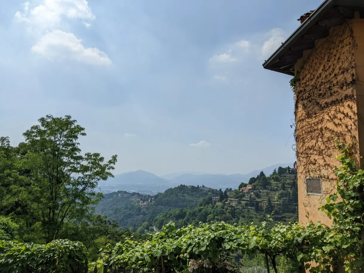 Vine pergola fixed to an old facade, hills behind