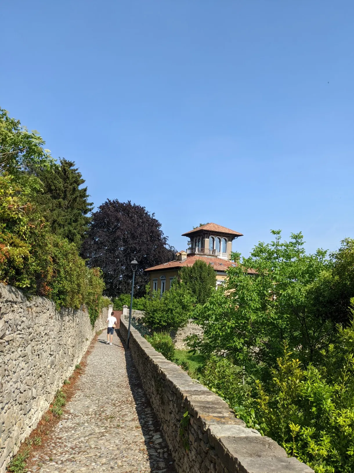 Paved path between two walls leading towards a villa