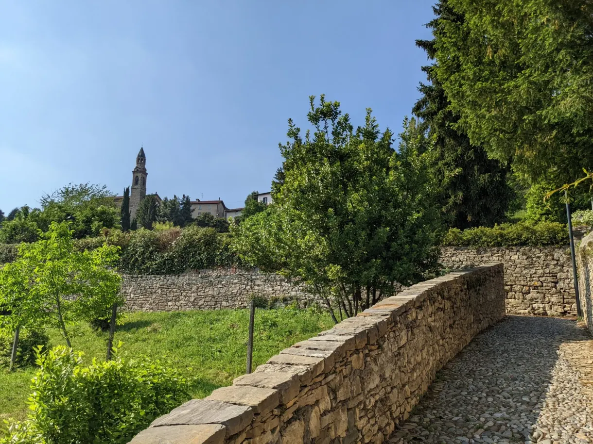 Low stone wall running along a meadow, bell tower in the background