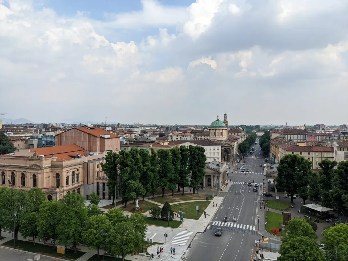 Tree-lined avenue and modern district seen from above