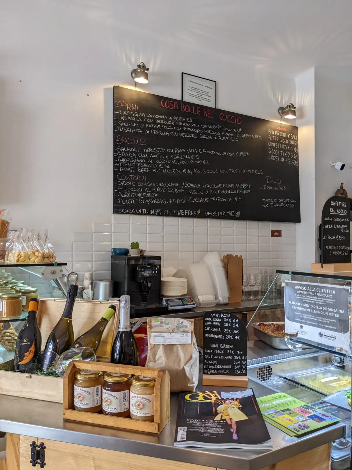 Delicatessen counter, handwritten slates and jars