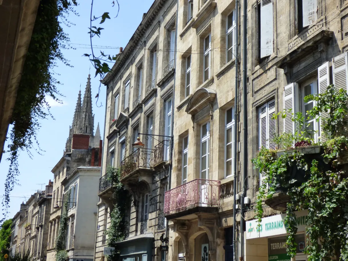 Balcons fleuris de plantes retombantes au-dessus d'une rue étroite
