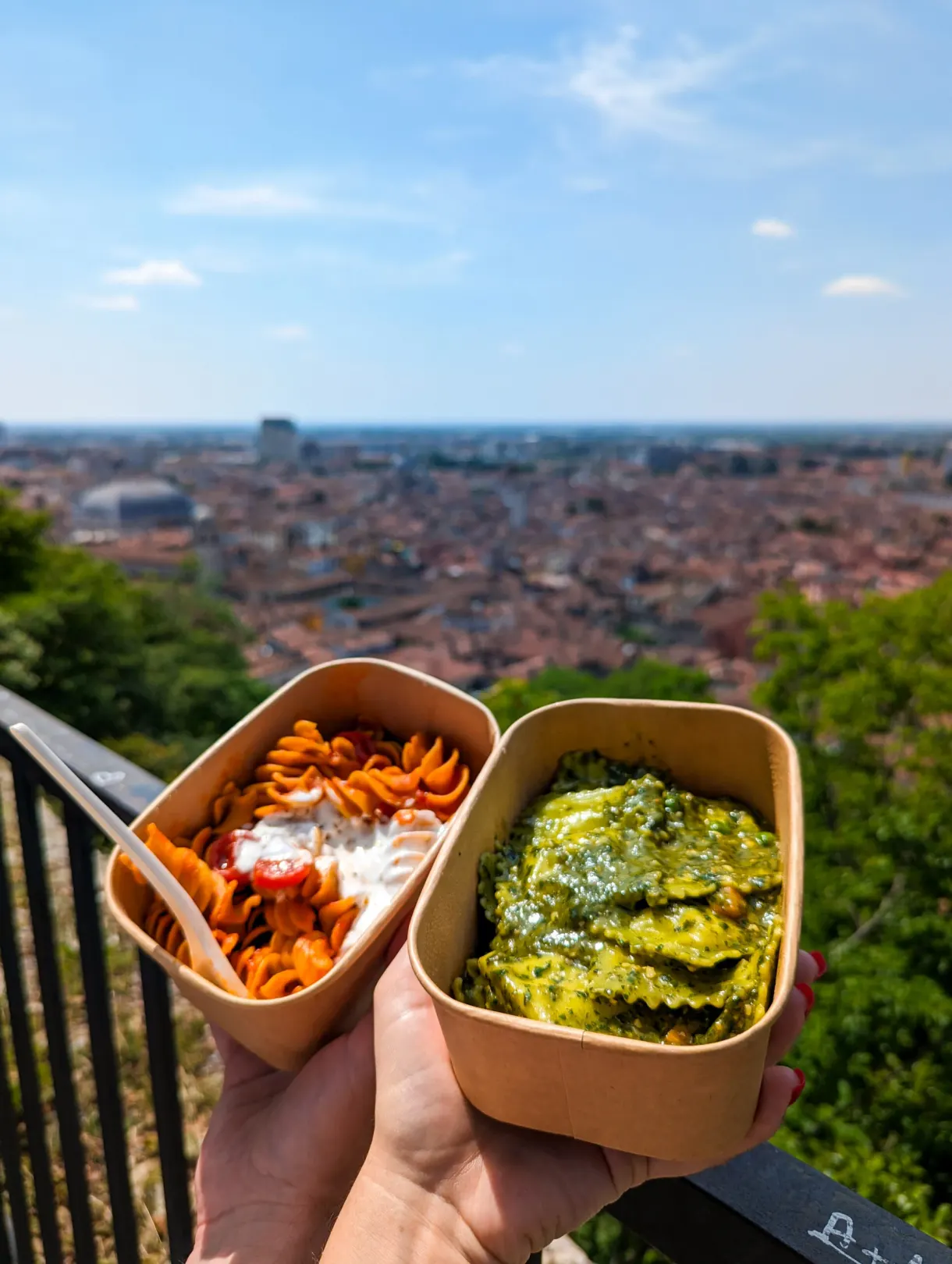Two trays of pasta held up against the view over the city
