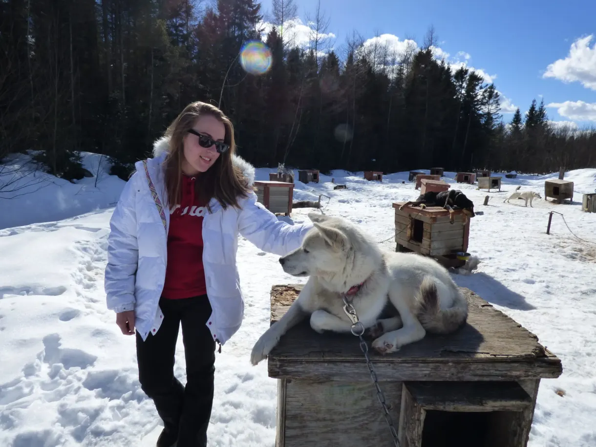 Femme caressant un chien assis sur le toit de sa niche