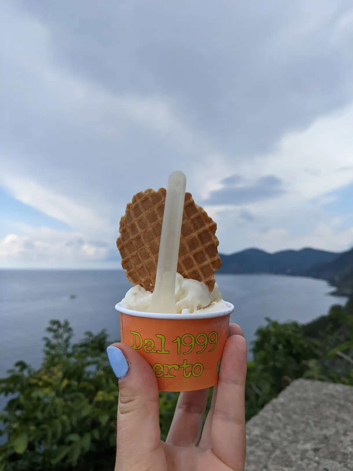 Pot de glace vanille brandi au-dessus de la côte
