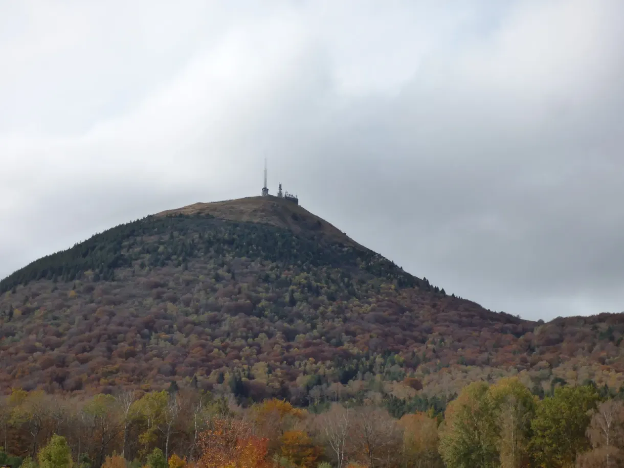 Summit of the Puy de Dôme capped with clouds and aerials
