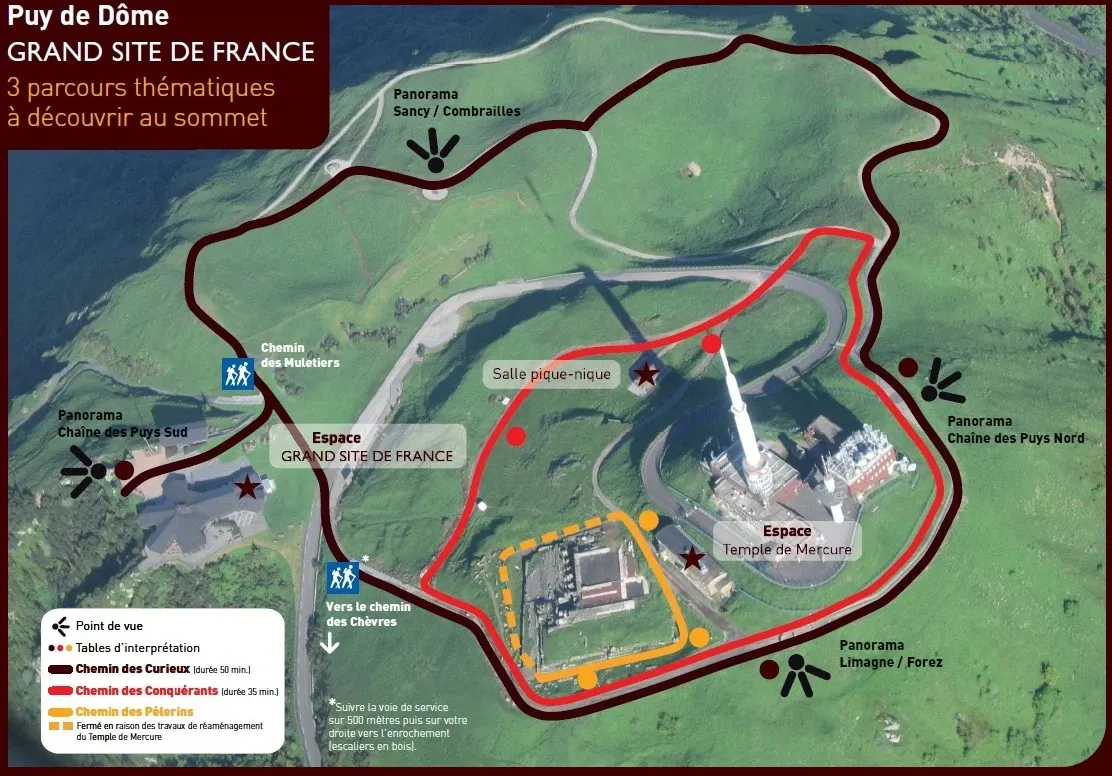 Map board of the trails at the summit of the Puy de Dôme