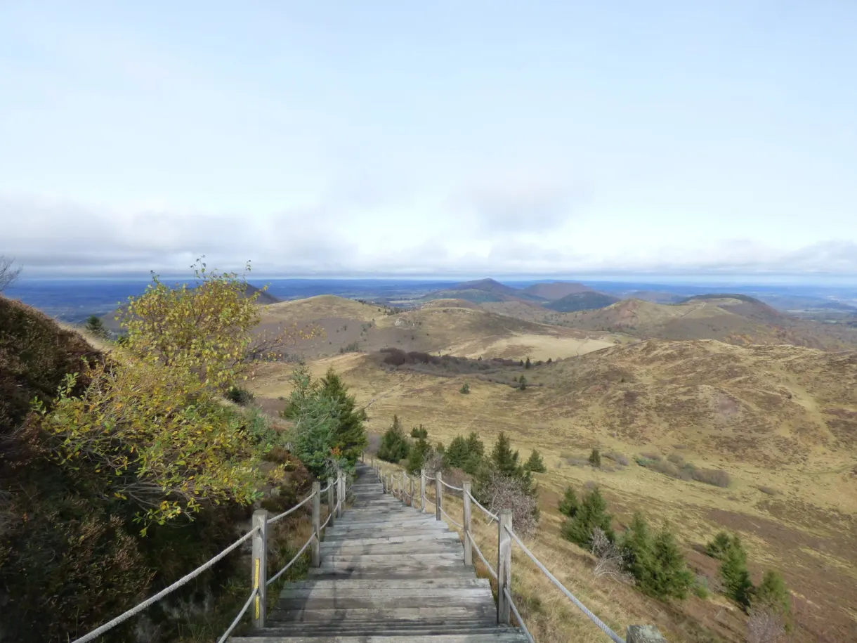 Wooden staircase going down towards the Chaîne des Puys