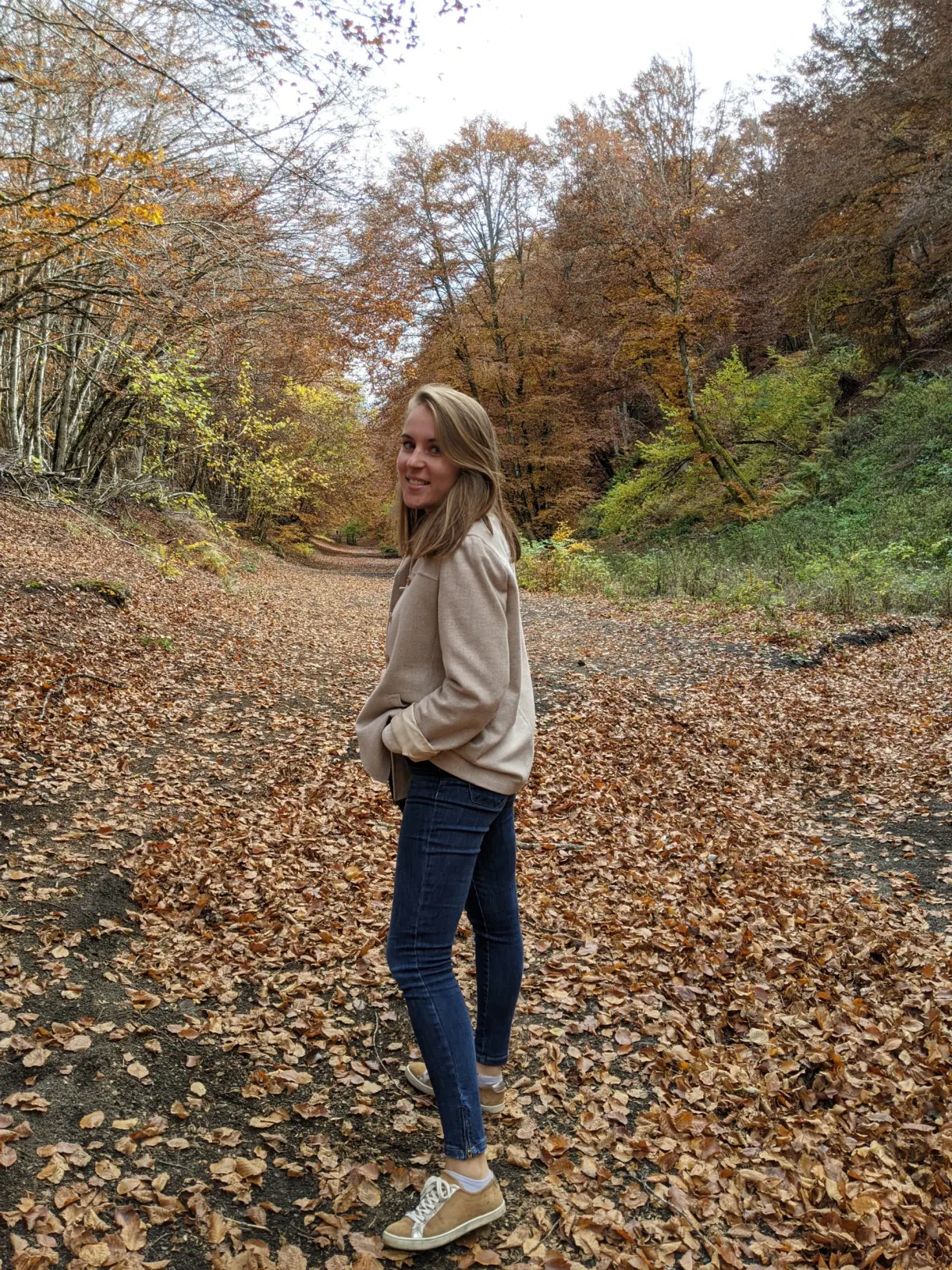 Hiker stopping on a carpet of russet leaves