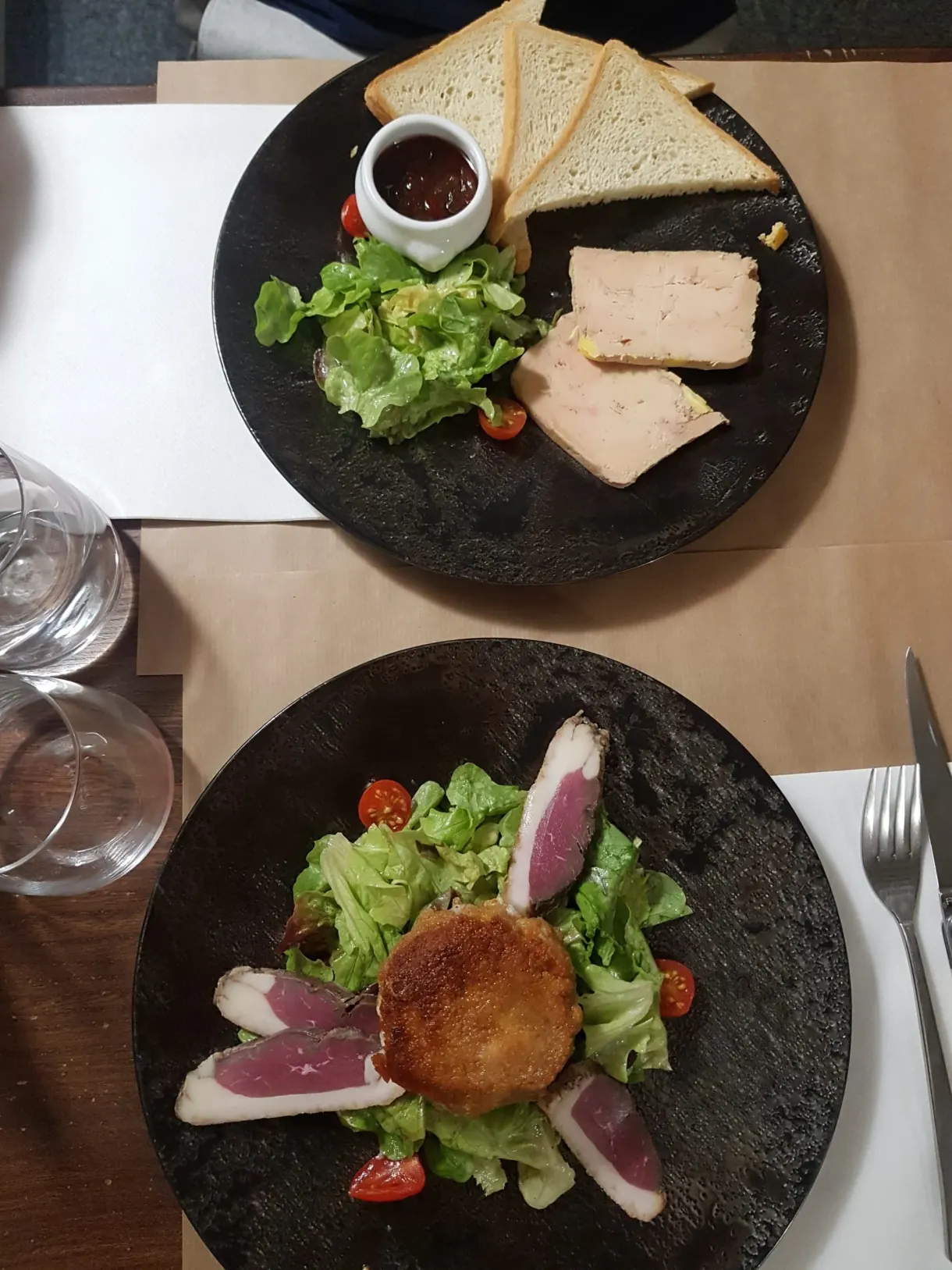 Two slates of starters, foie gras and dried duck breast