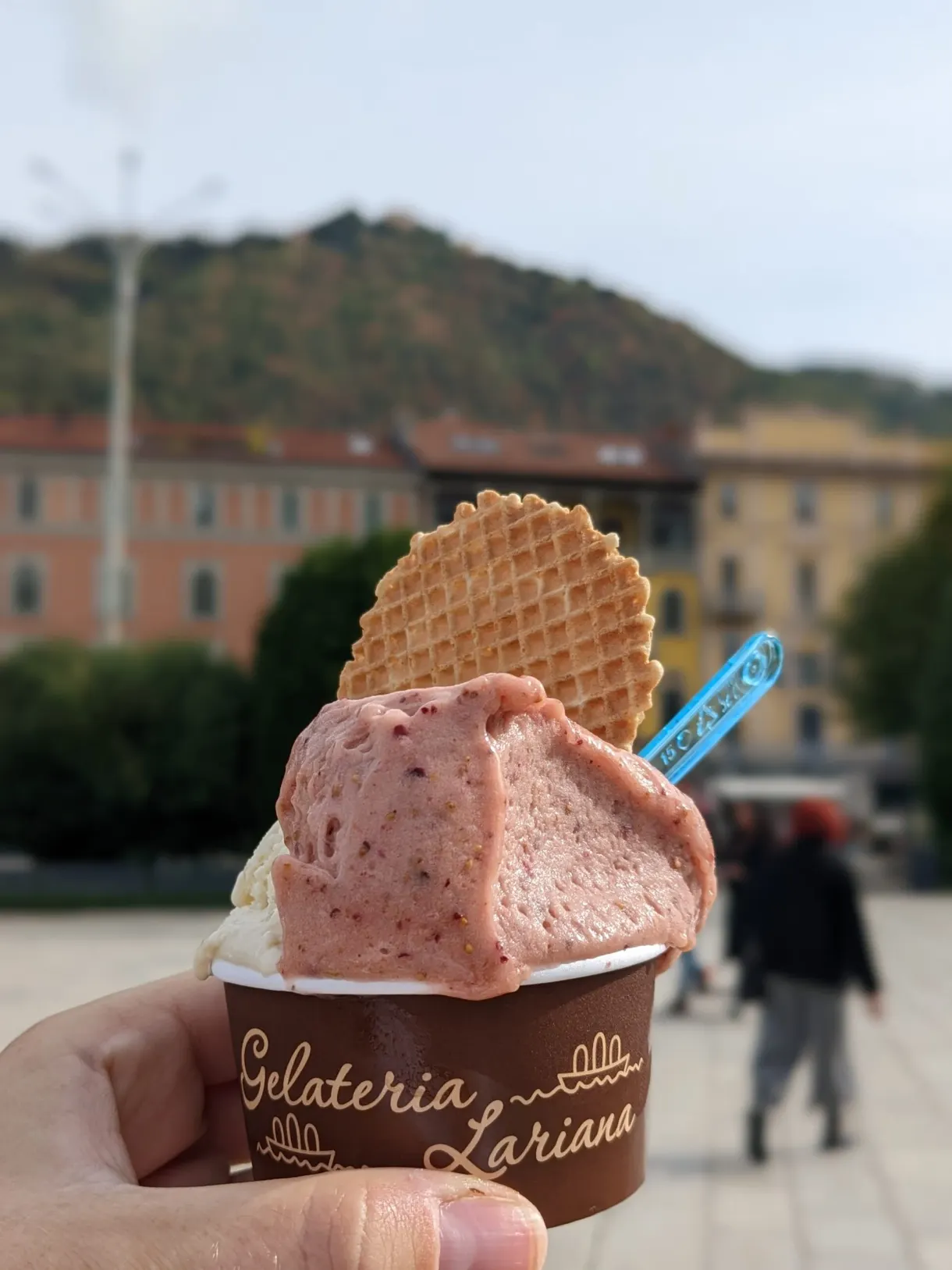 Glace à la fraise et sa gaufrette tenue à la main