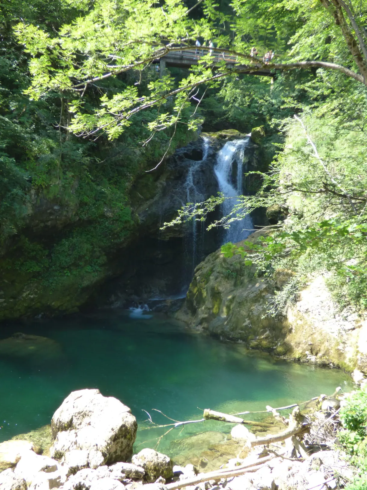 Petite cascade se jetant dans un bassin vert émeraude