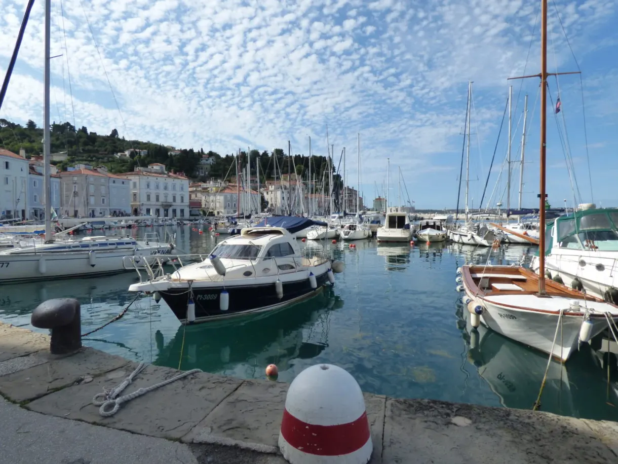 Mooring bollards and motorboats along the concrete pontoon