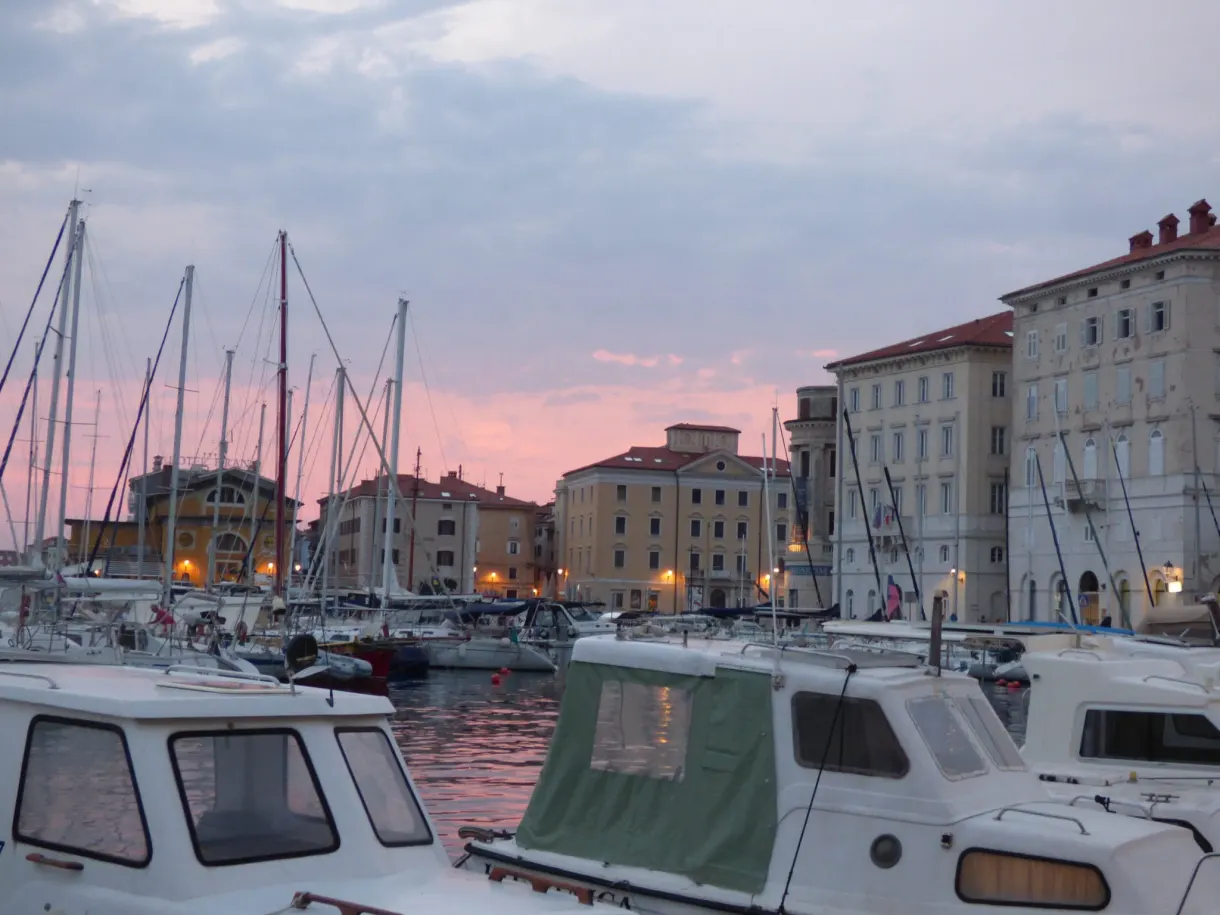 Cabin boats in the harbour under a pink-tinged sky