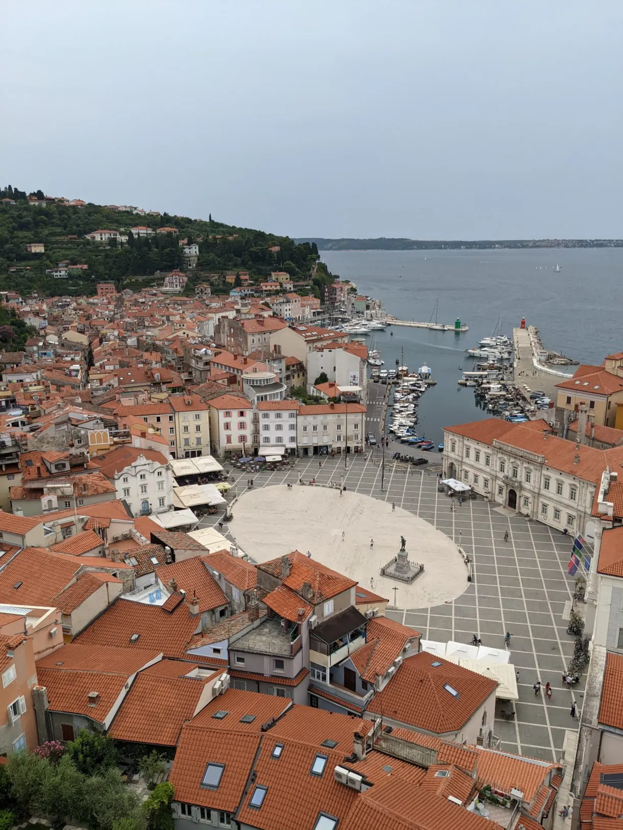 View down over the oval square from the bell tower