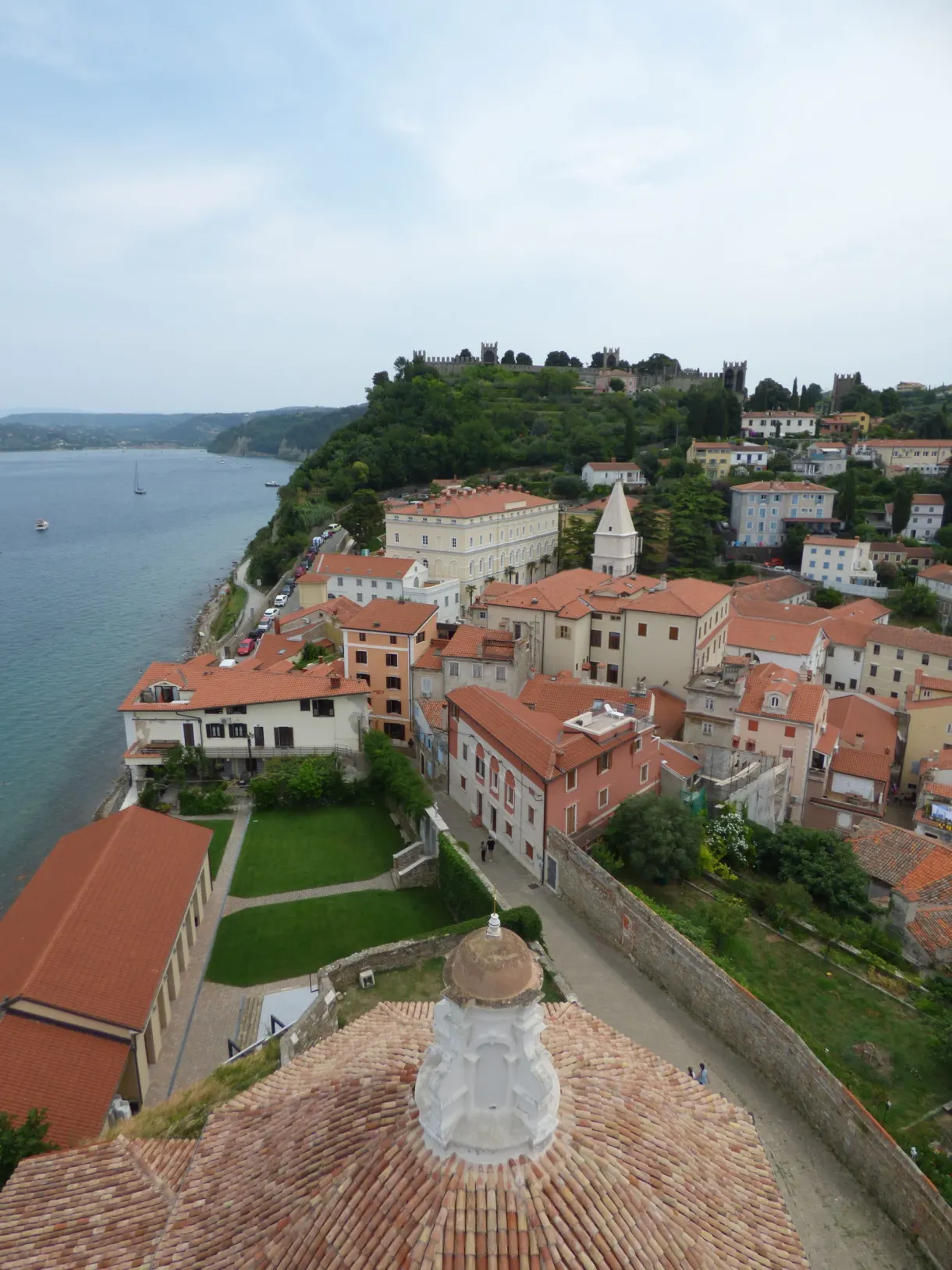 Roofs and wooded hill overlooking the bay