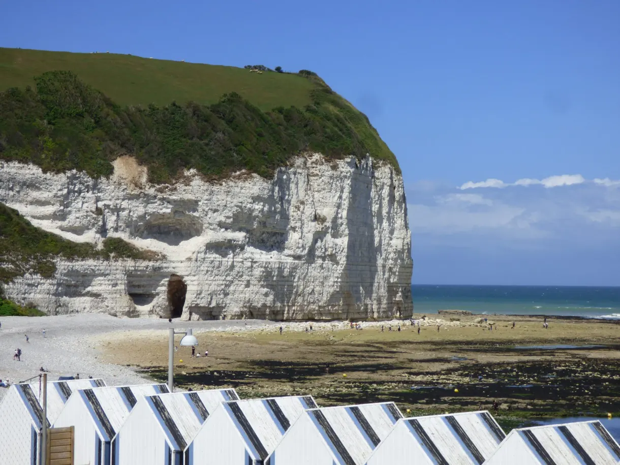 Roofs of the beach huts and white cliff in the background