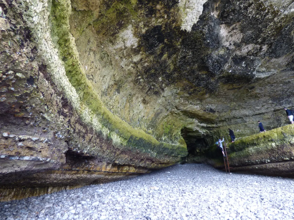 Inside a mossy rock tunnel opening onto the white pebbles