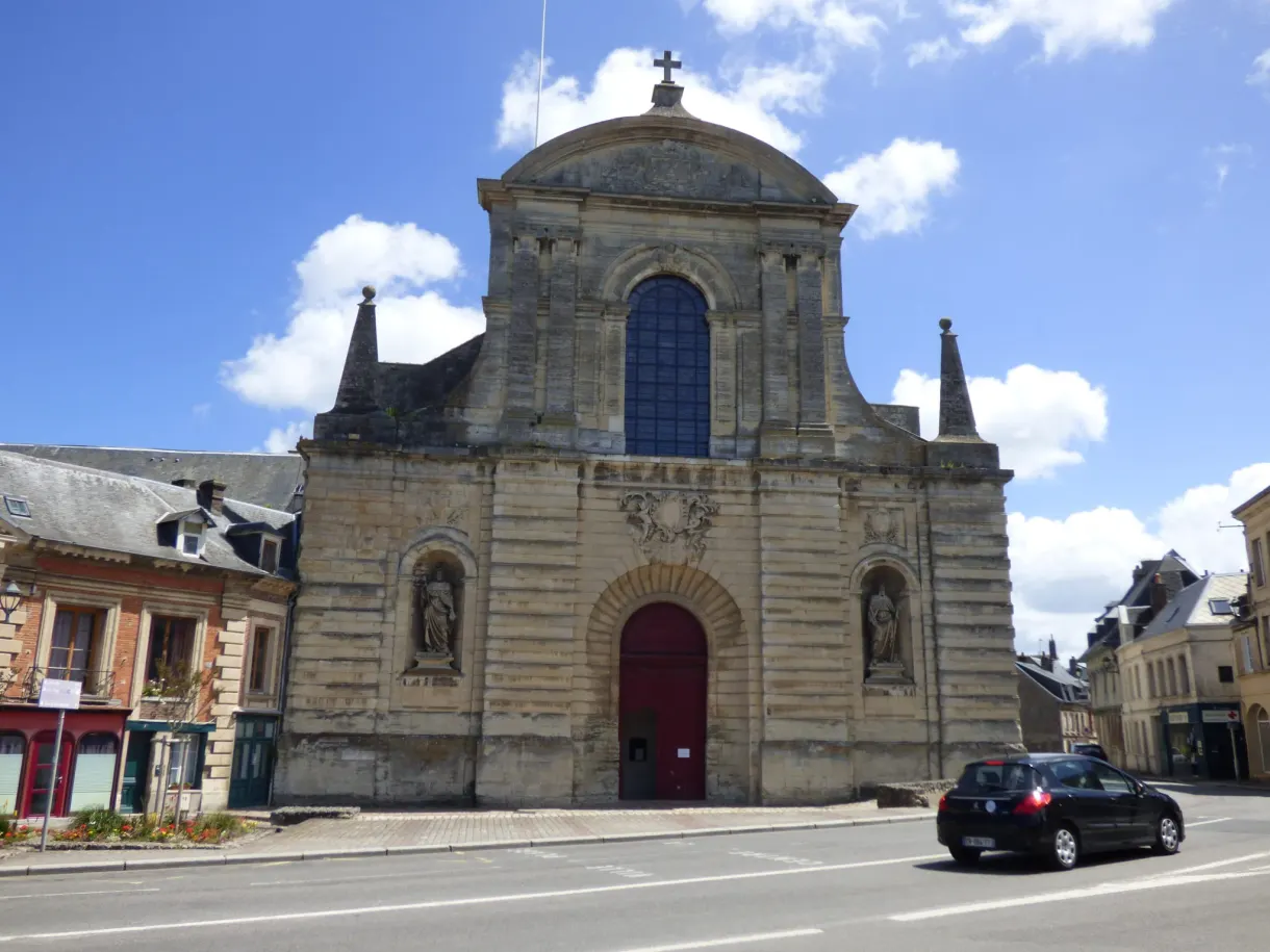 Classical white stone facade of a church in Fécamp