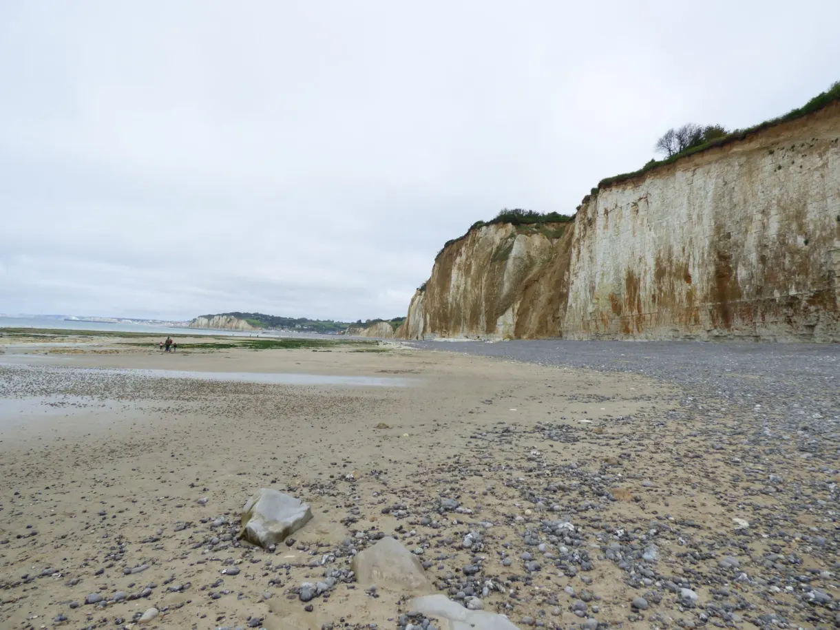 Pebble beach and pale cliff under an overcast sky