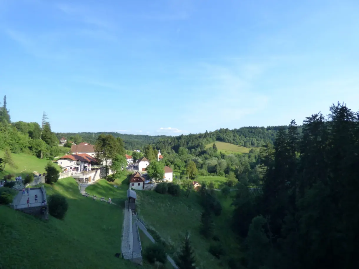 Green valley and small village edged with forest under the blue sky