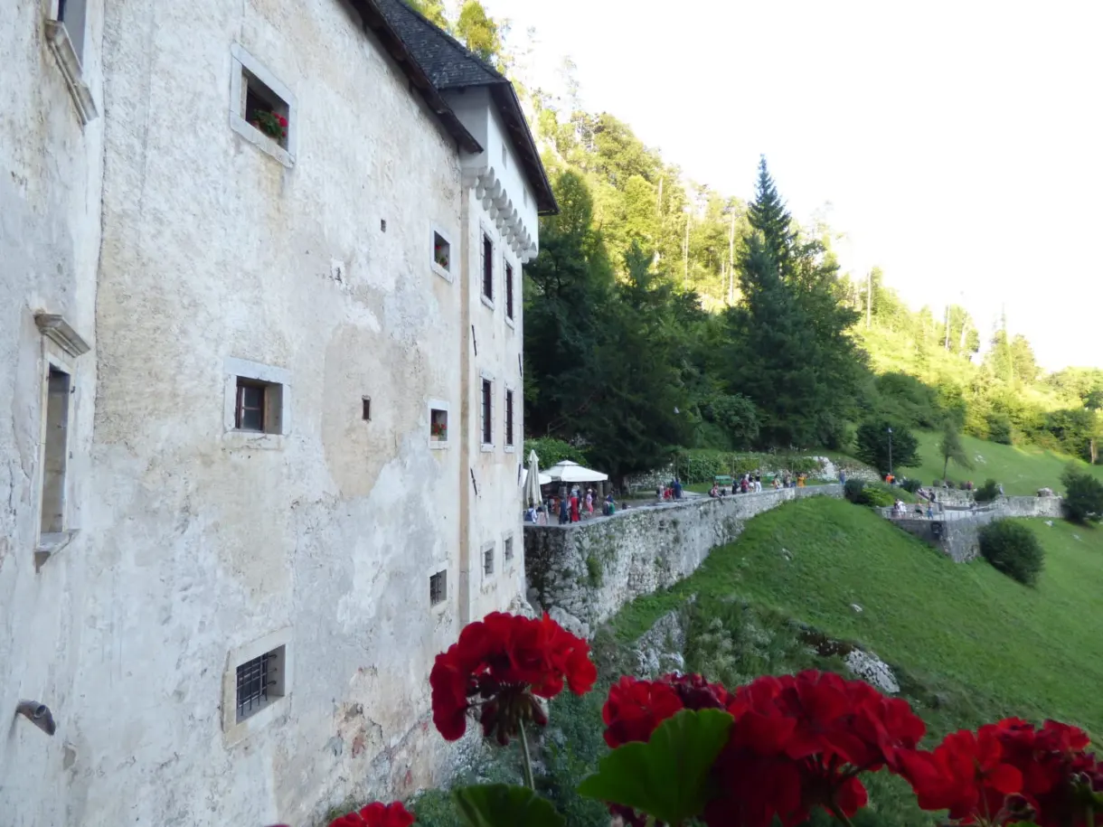 High wall pierced with small windows above the red geraniums
